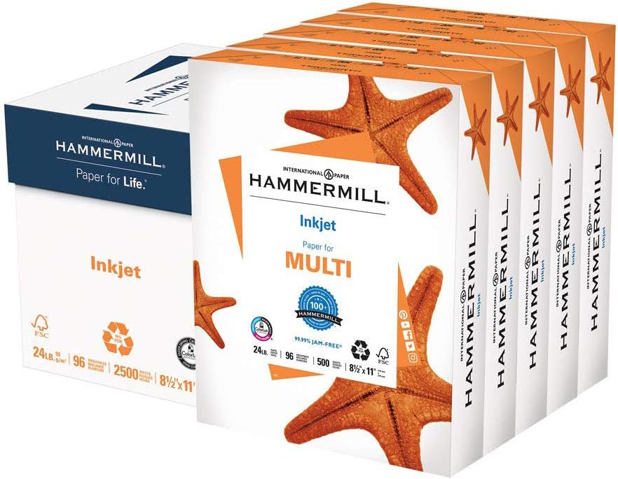 Hammermill Printer Paper, Multipurpose Inkjet Paper 24 lb, 8.5 x 11 - 5 Ream (2,500 Sheets) - 96 Bright, Made in the USA, 105050C