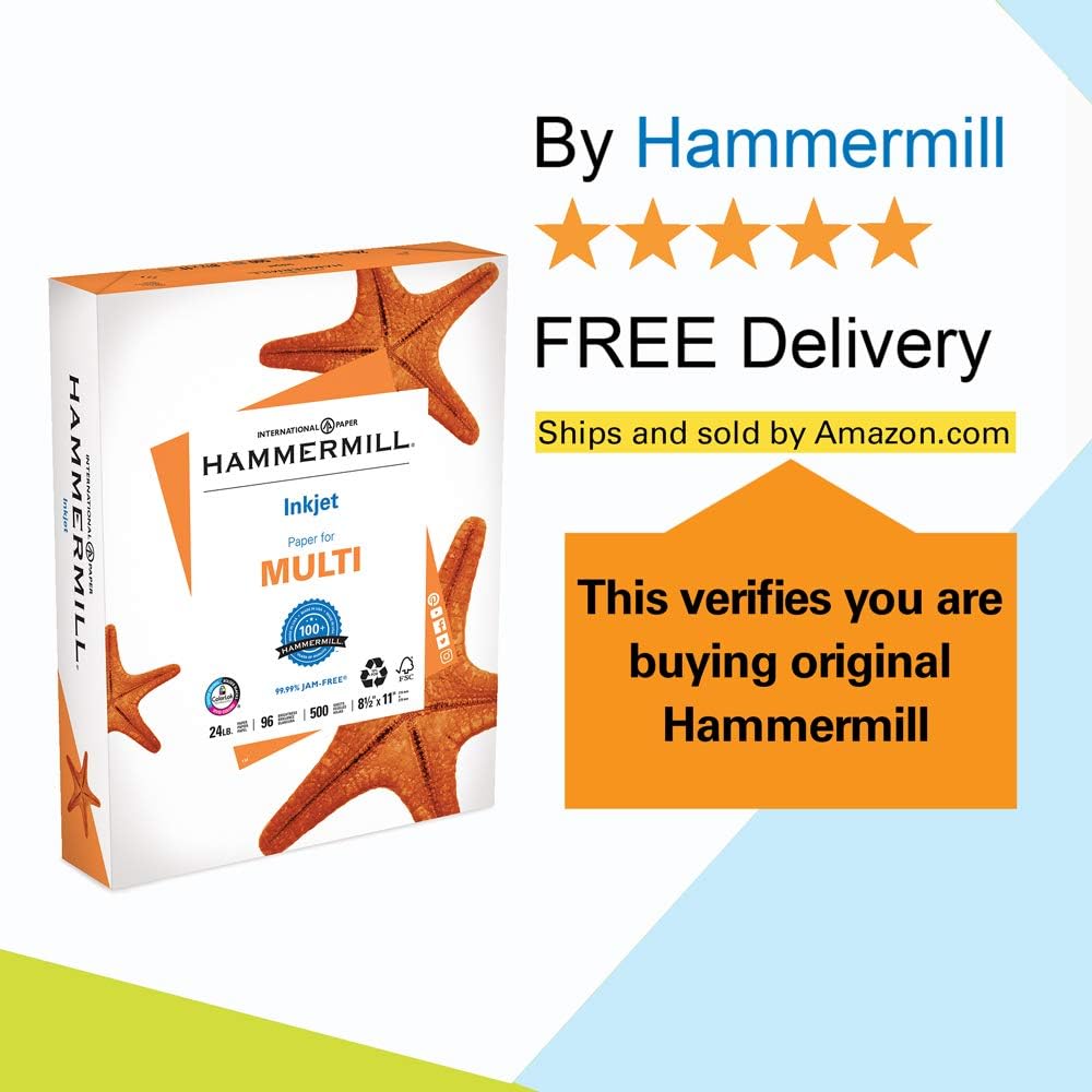 Hammermill Printer Paper, Multipurpose Inkjet Paper 24 lb, 8.5 x 11 - 5 Ream (2,500 Sheets) - 96 Bright, Made in the USA, 105050C