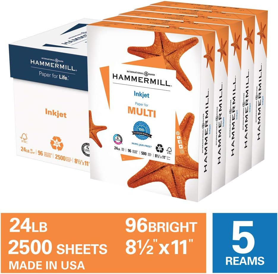 Hammermill Printer Paper, Multipurpose Inkjet Paper 24 lb, 8.5 x 11 - 5 Ream (2,500 Sheets) - 96 Bright, Made in the USA, 105050C