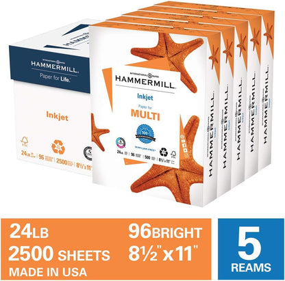 Hammermill Printer Paper, Multipurpose Inkjet Paper 24 lb, 8.5 x 11 - 5 Ream (2,500 Sheets) - 96 Bright, Made in the USA, 105050C