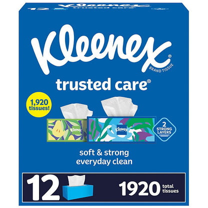 Trusted Care 2-Ply Tissues, Flat Boxes (160 Tissues/Box, 12 Boxes)